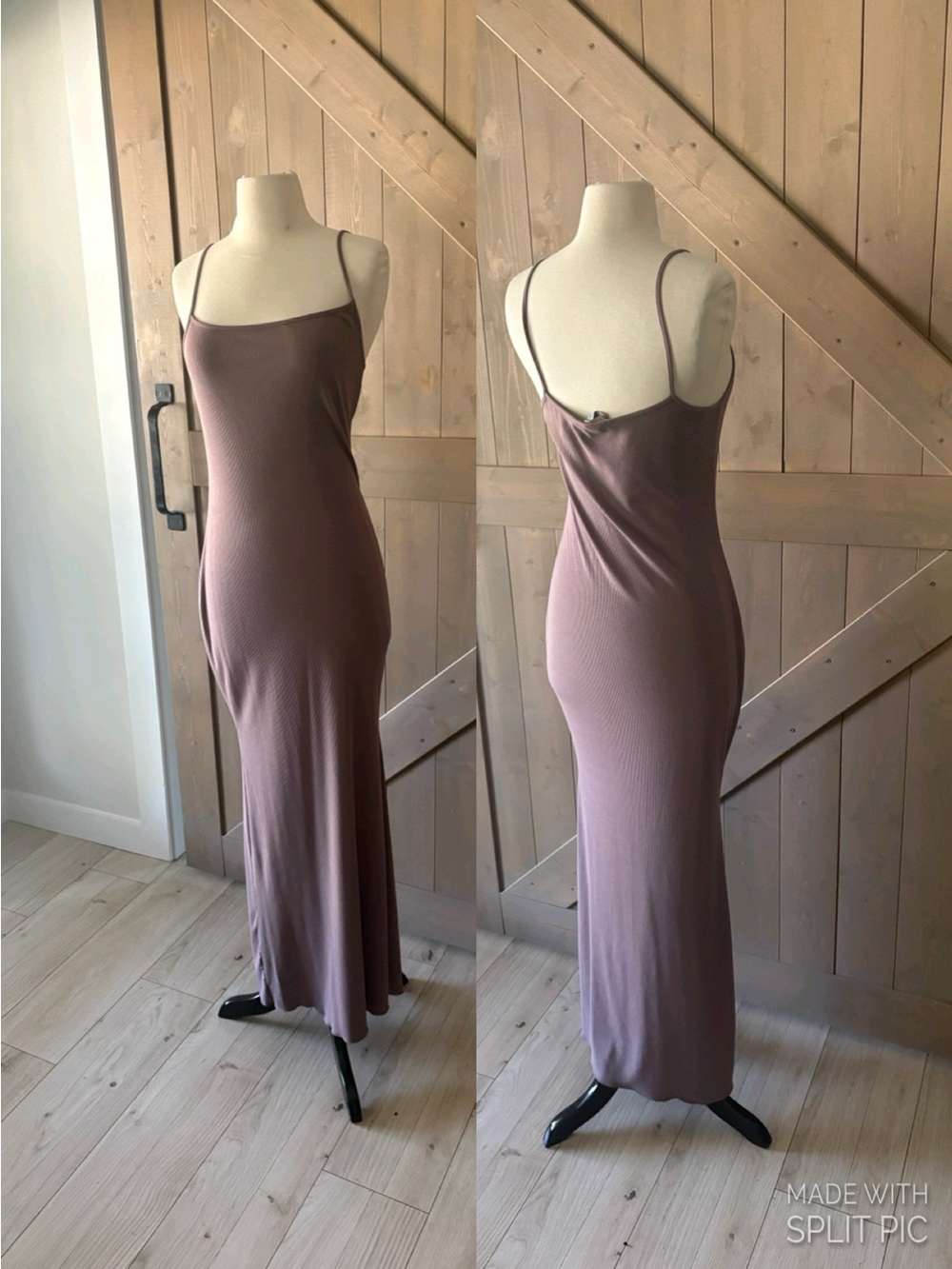 H&M Mauve Ribbed Knit Square Neck Strappy Stretch Bodycon Maxi Dress Size S